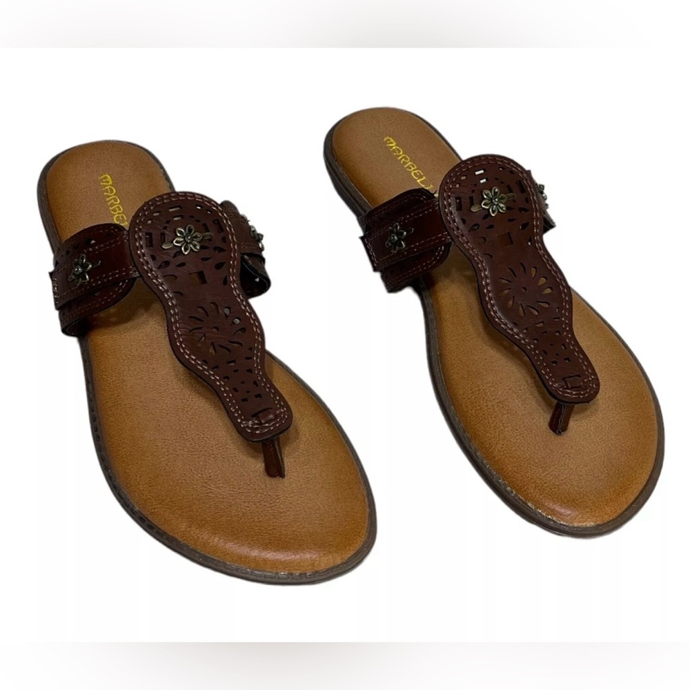 Marbella Marla Brown Floral Embellished Thongs Flip Flop Sandals Sz 10M